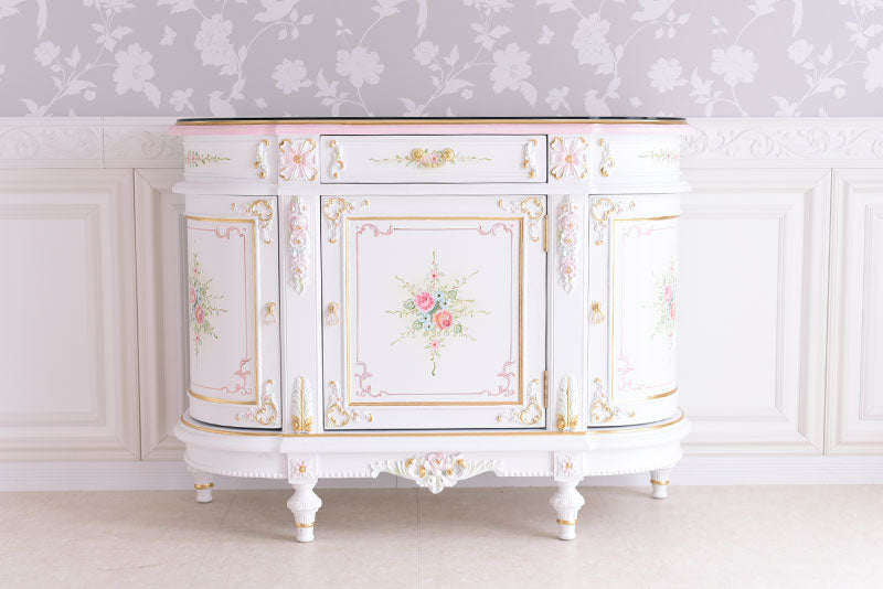 3ドアサイドボード ガラス天板付き アンティーク調 ROCOCOアントワネット