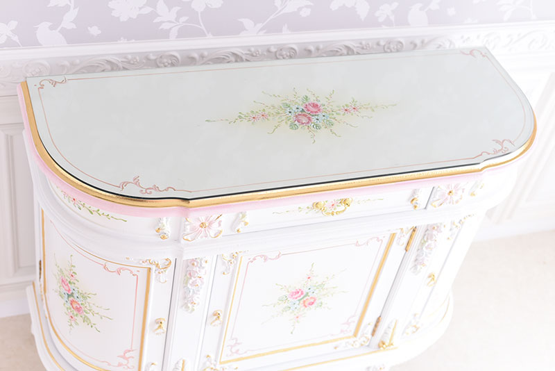 3ドアサイドボード ガラス天板付き アンティーク調 ROCOCOアントワネット