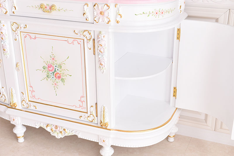 3ドアサイドボード ガラス天板付き アンティーク調 ROCOCOアントワネット