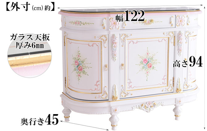 3ドアサイドボード ガラス天板付き アンティーク調 ROCOCOアントワネット