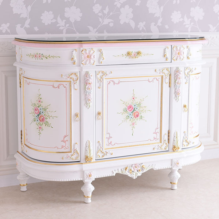 3ドアサイドボード ガラス天板付き アンティーク調 ROCOCOアントワネット