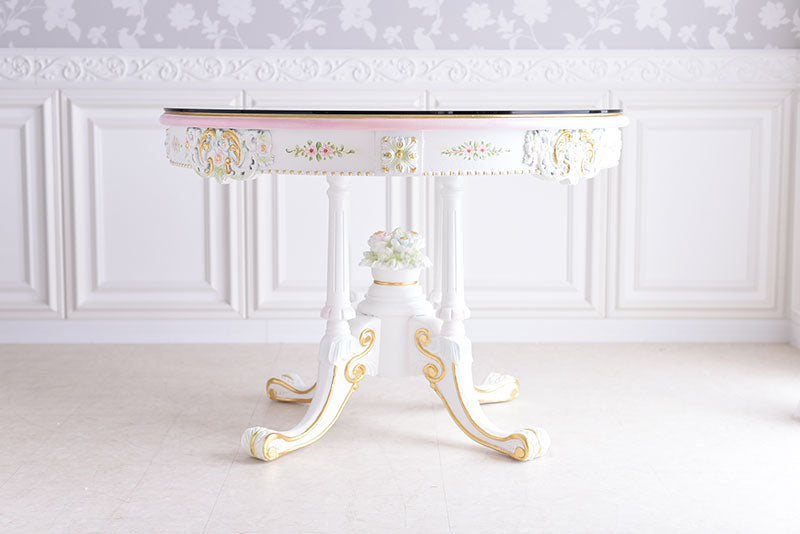 110Φダイニング丸テーブル ガラス天板付き アンティーク調 ROCOCOアントワネット