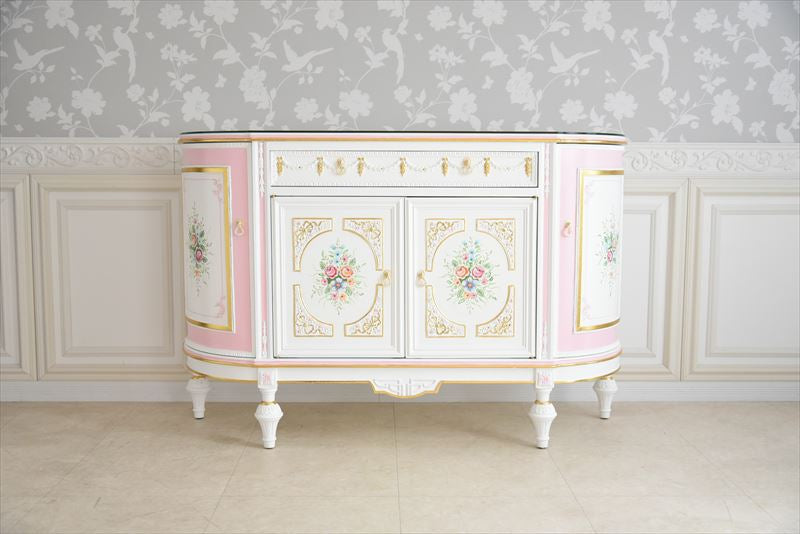 グランデサイドボード ガラス天板付き アンティーク調 ROCOCOアントワネット