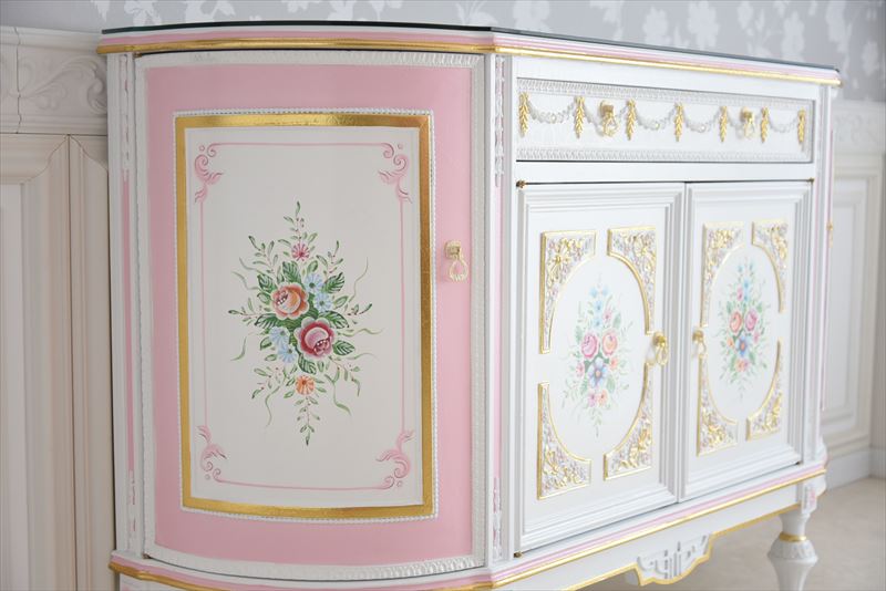 グランデサイドボード ガラス天板付き アンティーク調 ROCOCOアントワネット