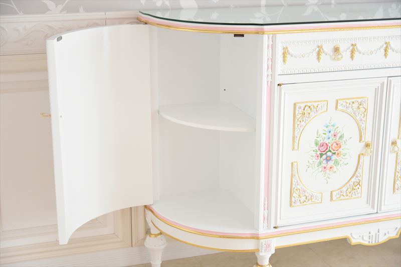 グランデサイドボード ガラス天板付き アンティーク調 ROCOCOアントワネット