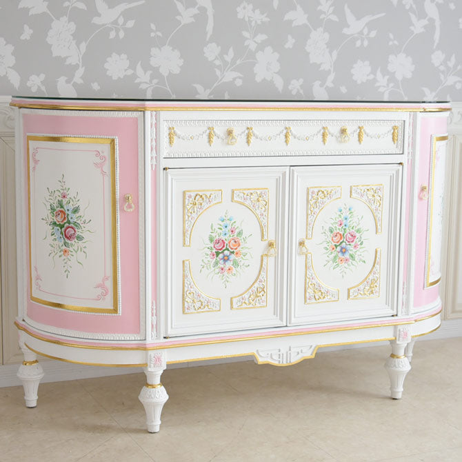 グランデサイドボード ガラス天板付き アンティーク調 ROCOCOアントワネット