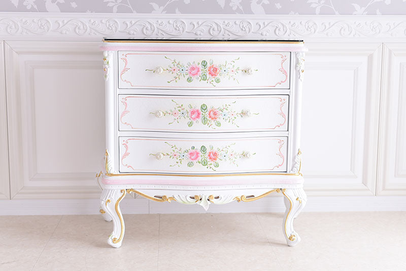 3段チェスト ガラス天板付き アンティーク調 ROCOCOアントワネット