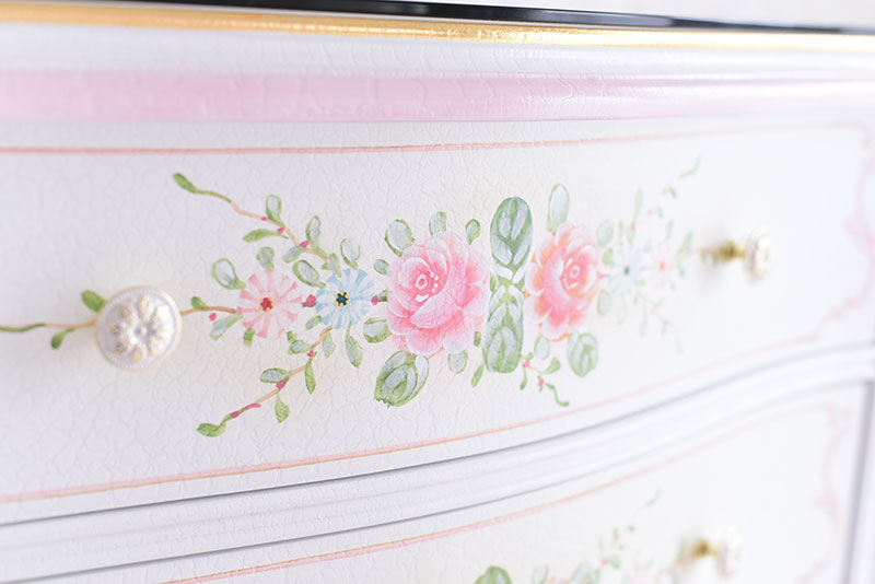 3段チェスト ガラス天板付き アンティーク調 ROCOCOアントワネット