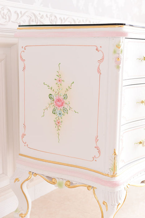 3段チェスト ガラス天板付き アンティーク調 ROCOCOアントワネット