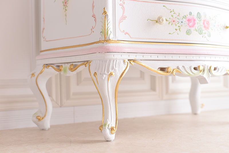 3段チェスト ガラス天板付き アンティーク調 ROCOCOアントワネット