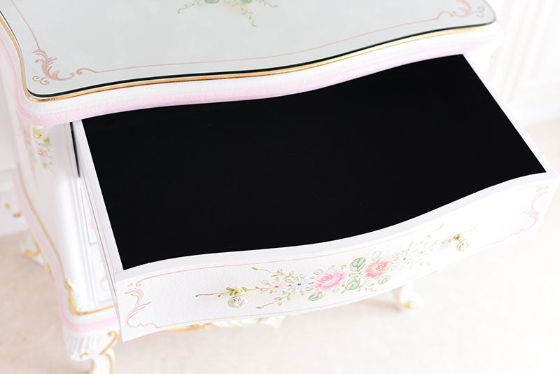 3段チェスト ガラス天板付き アンティーク調 ROCOCOアントワネット