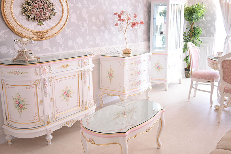 3段チェスト ガラス天板付き アンティーク調 ROCOCOアントワネット