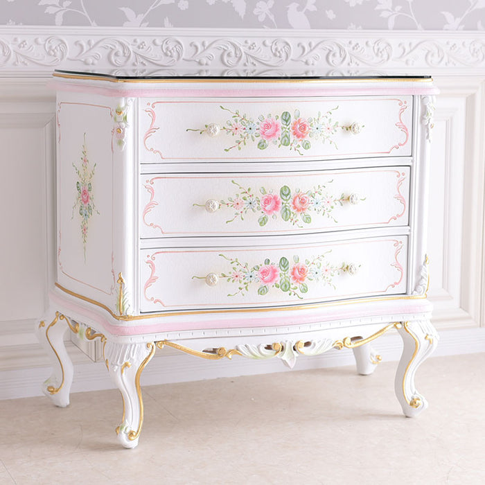 3段チェスト ガラス天板付き アンティーク調 ROCOCOアントワネット