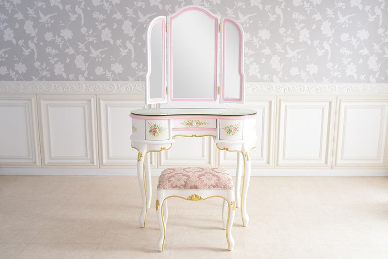 新型ドレッサー スツール・ガラス天板付き アンティーク調 ROCOCOアントワネット