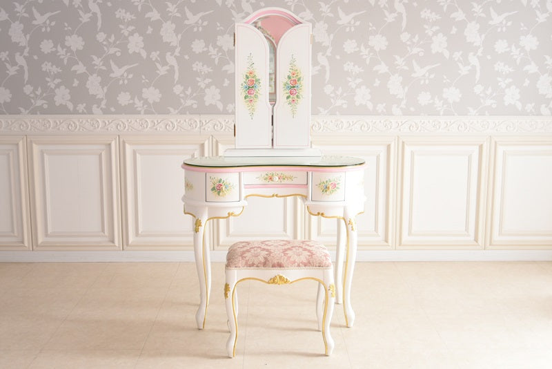 新型ドレッサー スツール・ガラス天板付き アンティーク調 ROCOCOアントワネット