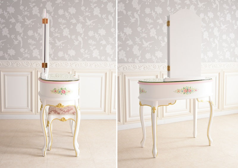 新型ドレッサー スツール・ガラス天板付き アンティーク調 ROCOCOアントワネット