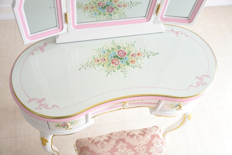 新型ドレッサー スツール・ガラス天板付き アンティーク調 ROCOCOアントワネット