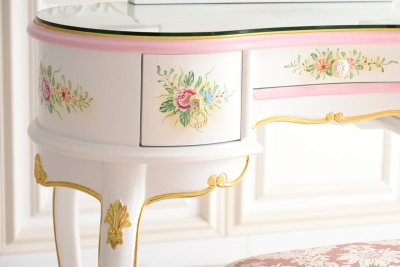 新型ドレッサー スツール・ガラス天板付き アンティーク調 ROCOCOアントワネット