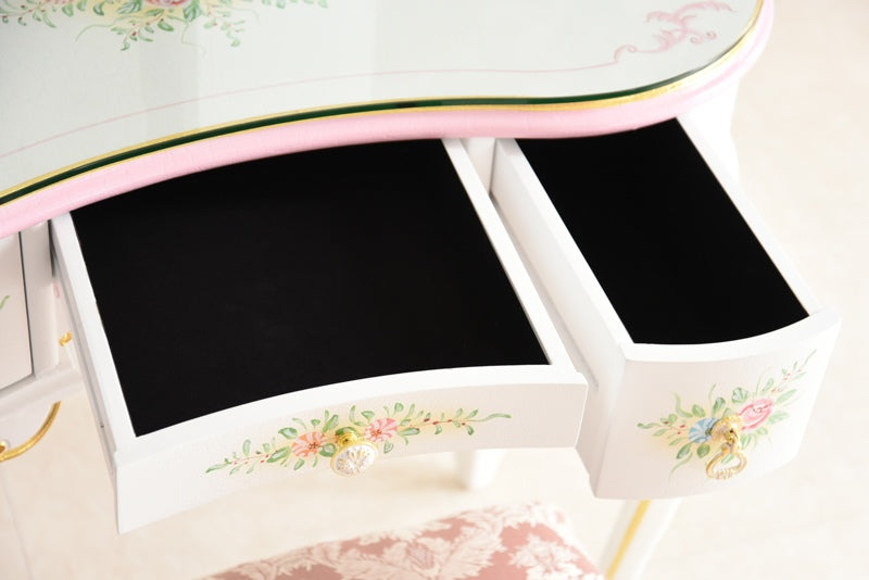 新型ドレッサー スツール・ガラス天板付き アンティーク調 ROCOCOアントワネット