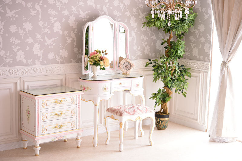 新型ドレッサー スツール・ガラス天板付き アンティーク調 ROCOCOアントワネット