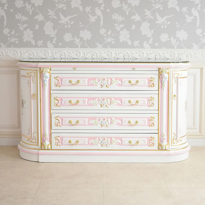 3ドアサイドボード 引出タイプ グランデチェスト ガラス天板付き アンティーク調 ROCOCOアントワネット