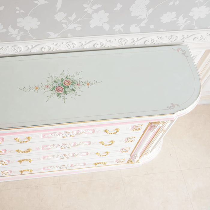 3ドアサイドボード 引出タイプ グランデチェスト ガラス天板付き アンティーク調 ROCOCOアントワネット