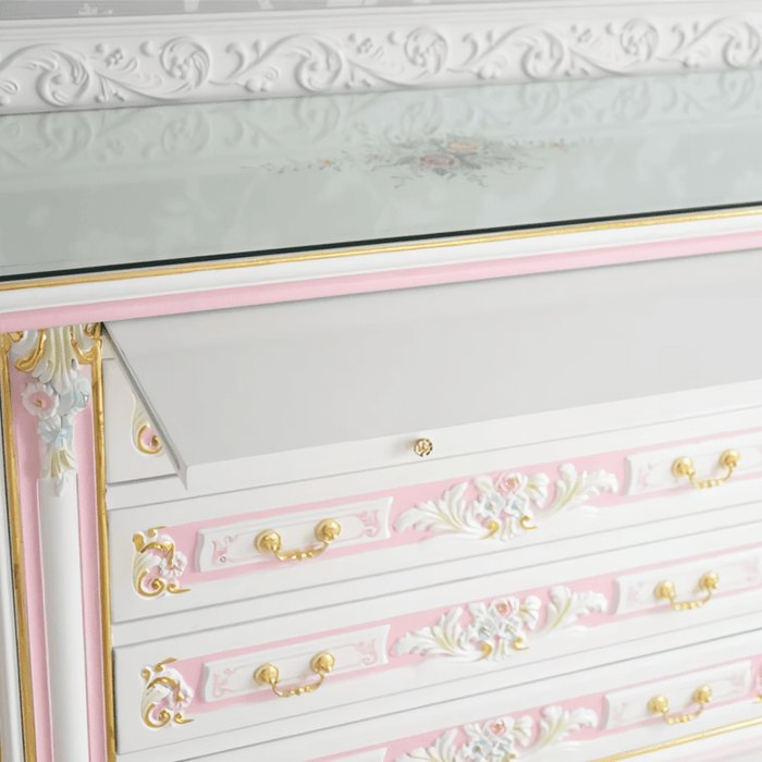 3ドアサイドボード 引出タイプ グランデチェスト ガラス天板付き アンティーク調 ROCOCOアントワネット