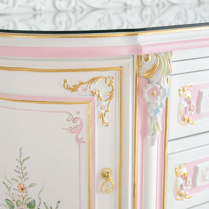 3ドアサイドボード 引出タイプ グランデチェスト ガラス天板付き アンティーク調 ROCOCOアントワネット