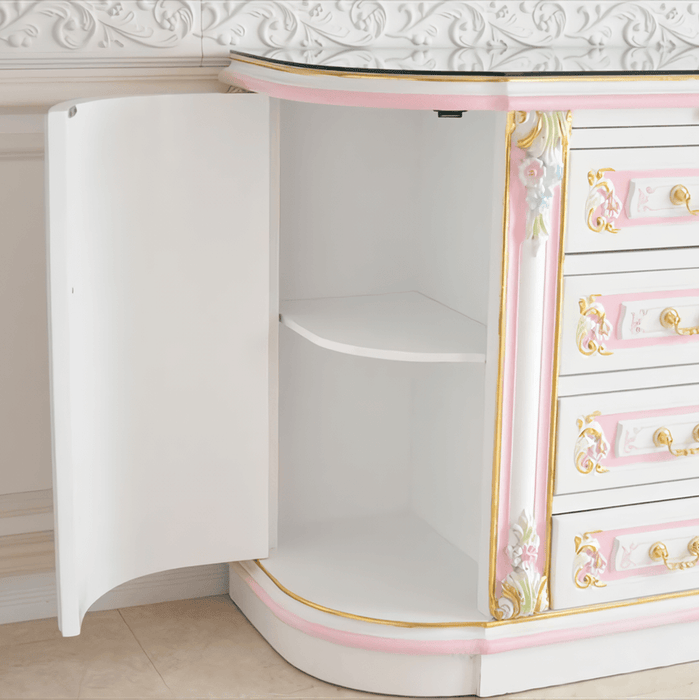 3ドアサイドボード 引出タイプ グランデチェスト ガラス天板付き アンティーク調 ROCOCOアントワネット