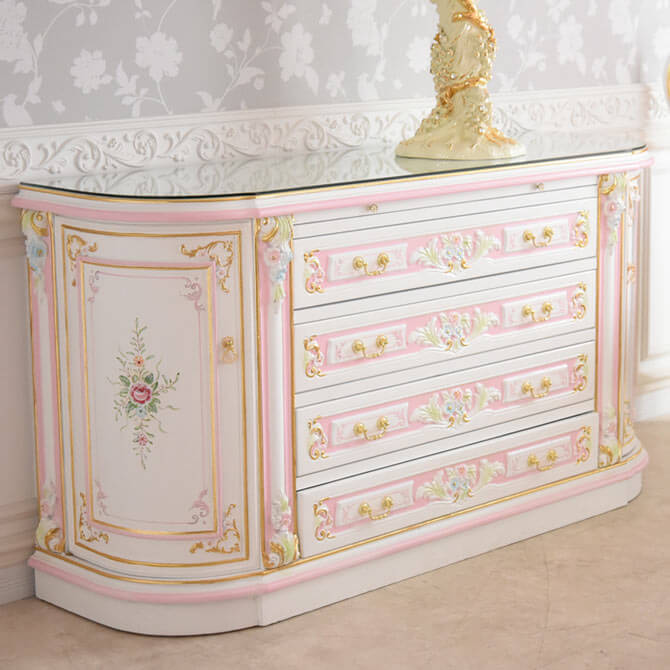 3ドアサイドボード 引出タイプ グランデチェスト ガラス天板付き アンティーク調 ROCOCOアントワネット