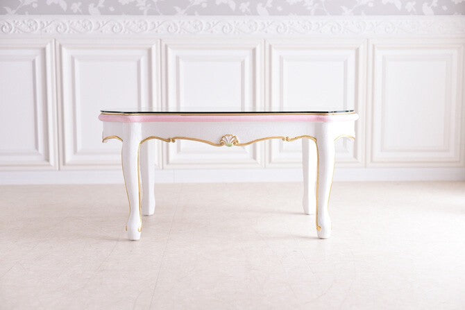 センターテーブル Rフォルム ガラス天板付き アンティーク調 ROCOCOアントワネット