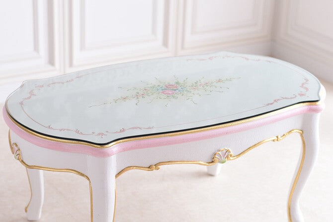 センターテーブル Rフォルム ガラス天板付き アンティーク調 ROCOCOアントワネット