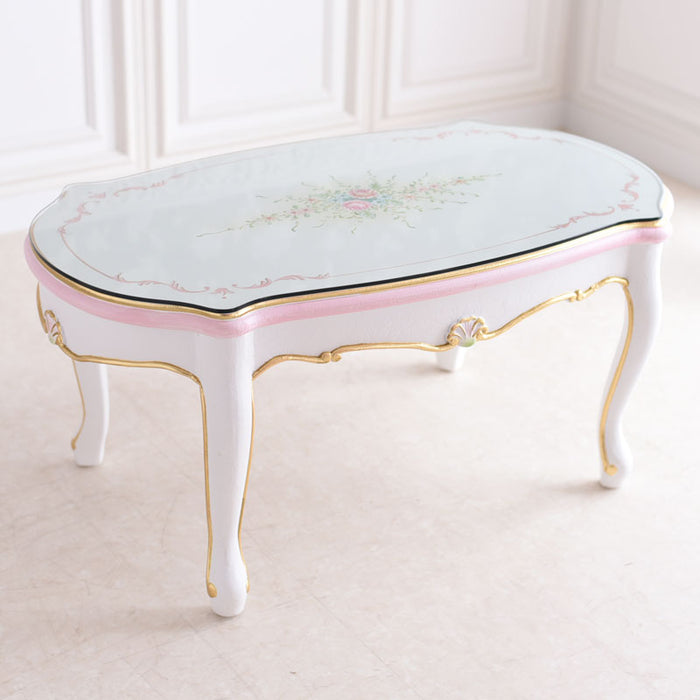 センターテーブル Rフォルム ガラス天板付き アンティーク調 ROCOCOアントワネット