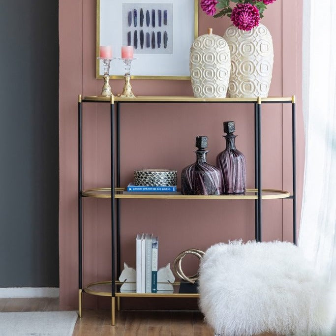 ミラー天板の3段コンソールテーブル