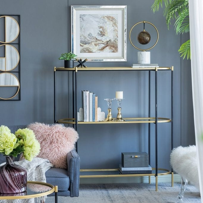 ミラー天板の3段コンソールテーブル