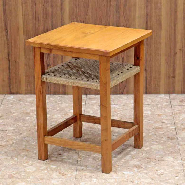 ヴィンテージ イギリス製 ウッドスツール 編み込みシェルフ付