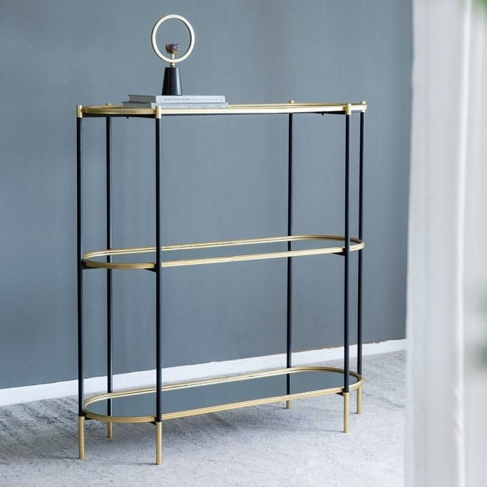 ミラー天板の3段コンソールテーブル