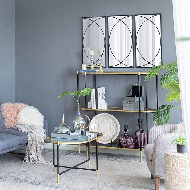 ミラー天板の3段コンソールテーブル