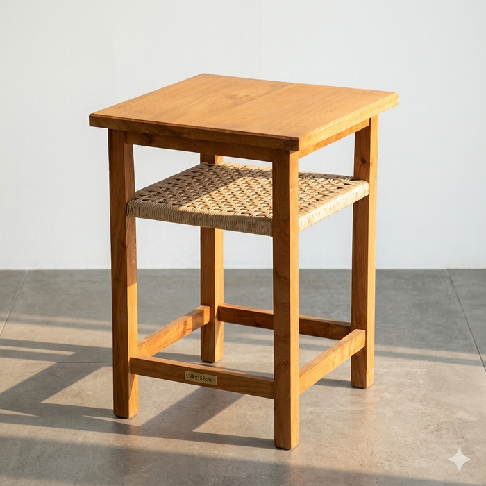 ヴィンテージ イギリス製 ウッドスツール 編み込みシェルフ付