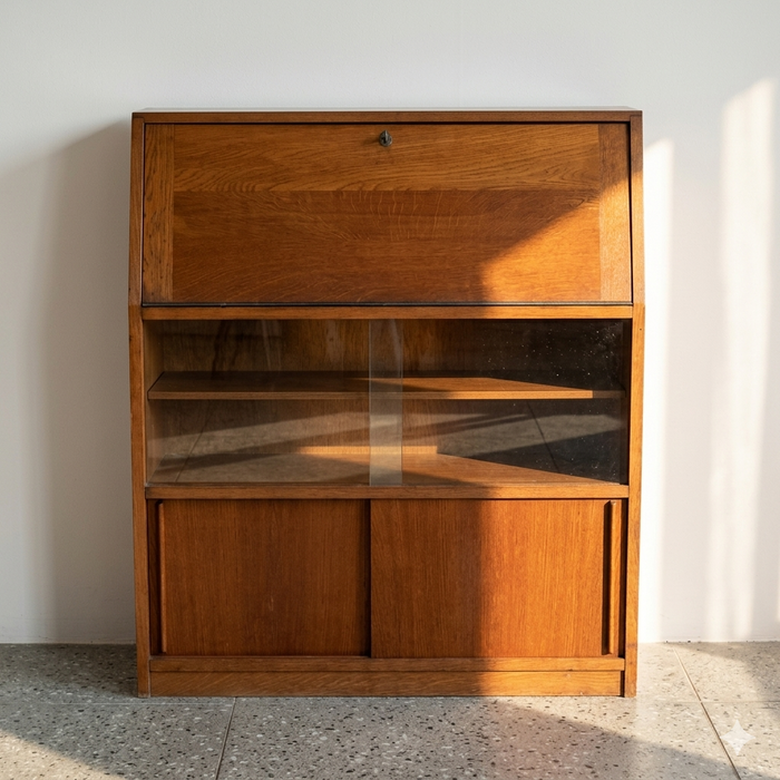 ヴィンテージ イギリス製 ライティングビューロー / ガラスブックシェルフ